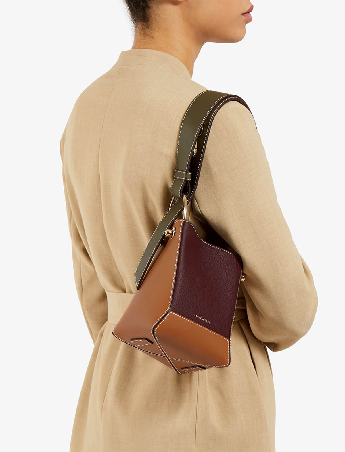 STRATHBERRY Lana Nano Bucket Bag in Tan/ Forest/ Burgundy