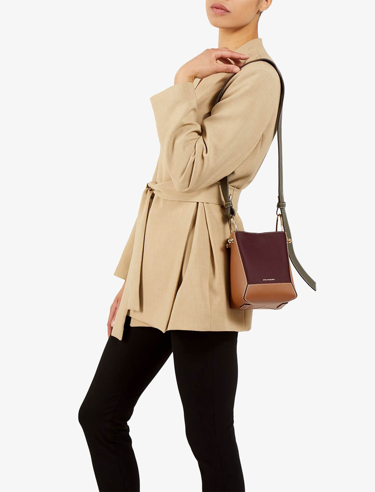 STRATHBERRY Lana Nano Bucket Bag in Tan/ Forest/ Burgundy