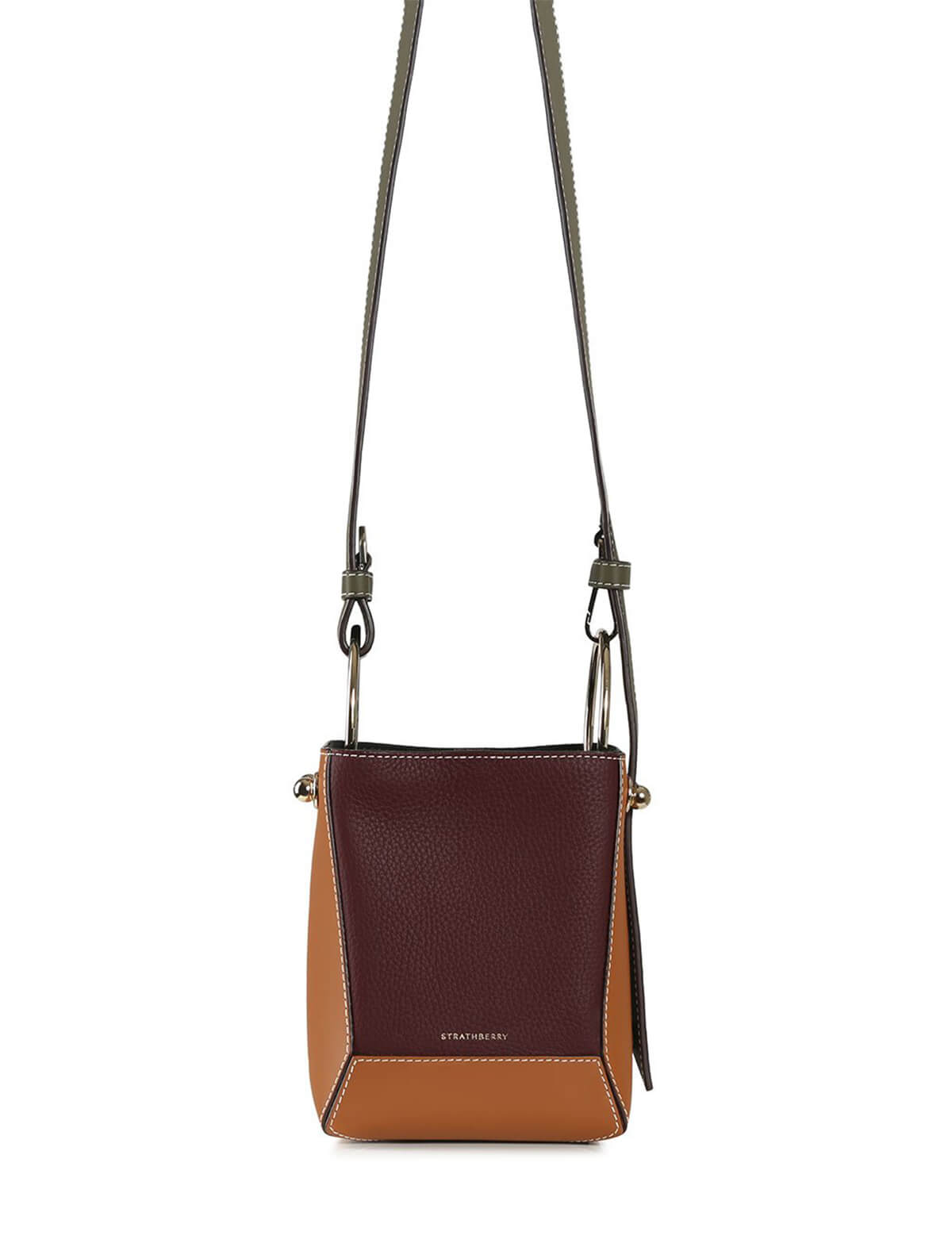 STRATHBERRY Lana Nano Bucket Bag in Tan/ Forest/ Burgundy