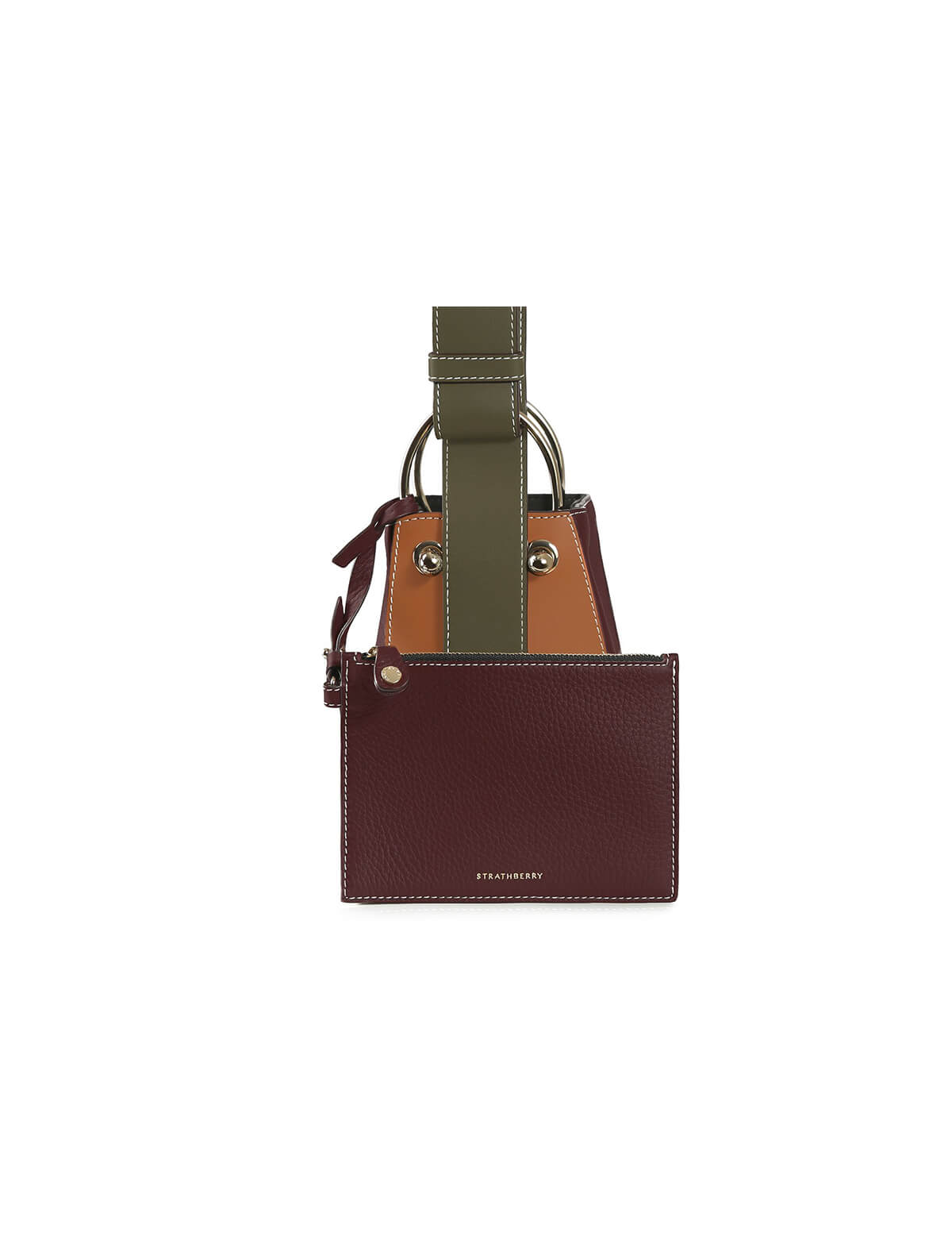 STRATHBERRY Lana Nano Bucket Bag in Tan/ Forest/ Burgundy