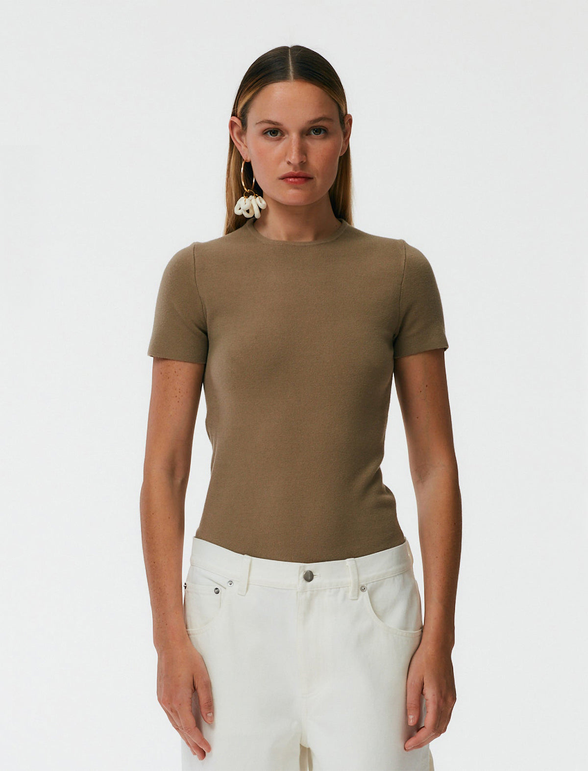 TIBI Compact Stretch Cashmere T-Shirt in Sand