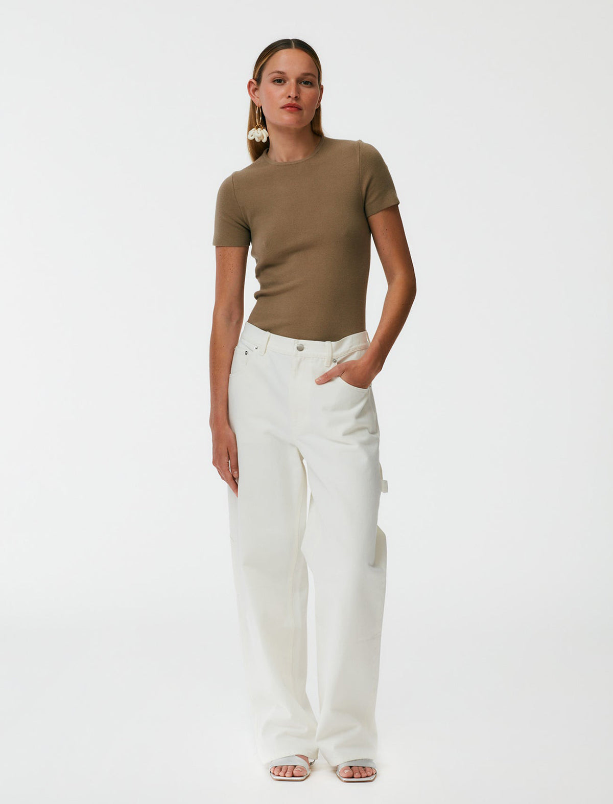 TIBI Compact Stretch Cashmere T-Shirt in Sand