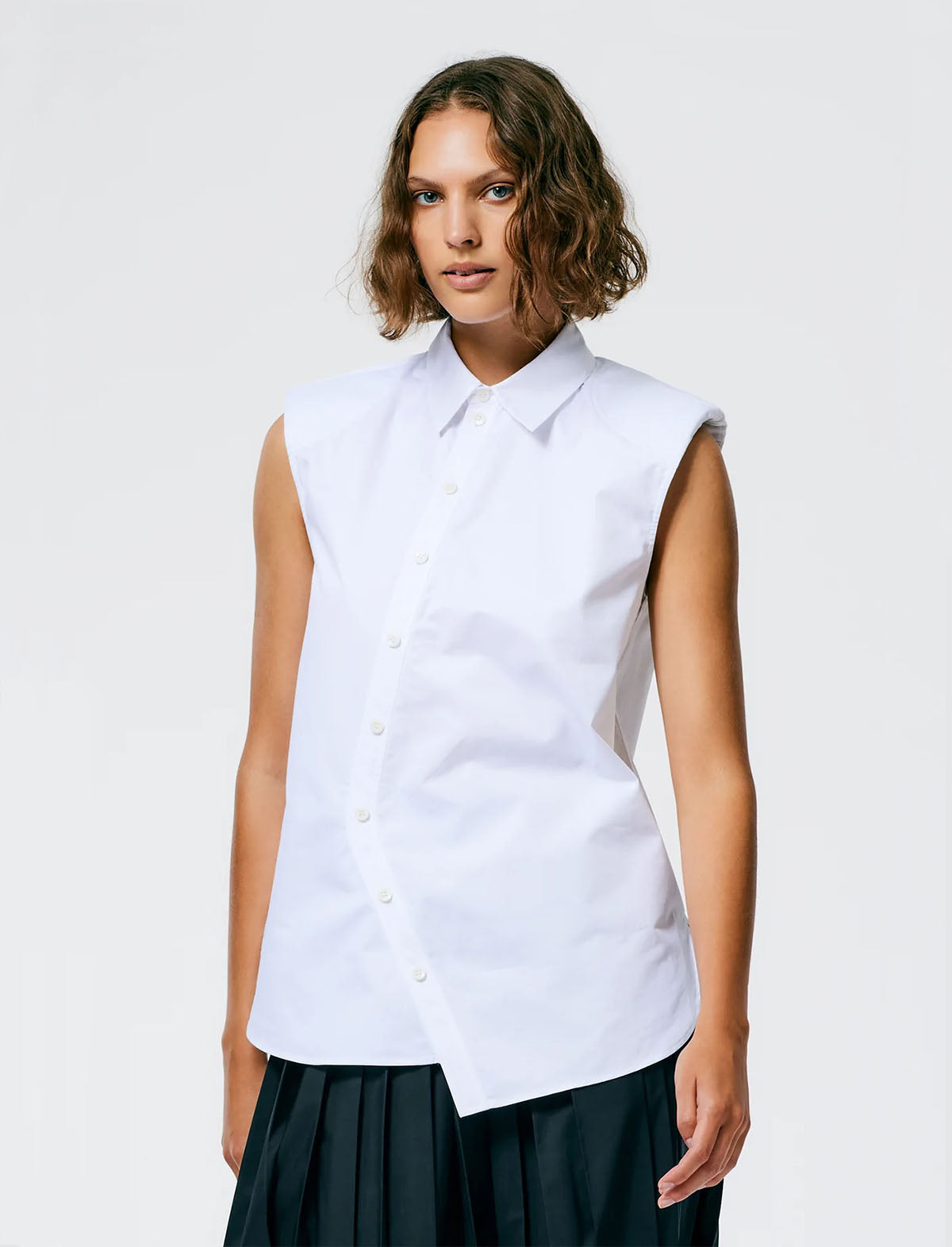 Tibi Eco-Poplin Sleeveless Shoulderpad Shirt in White