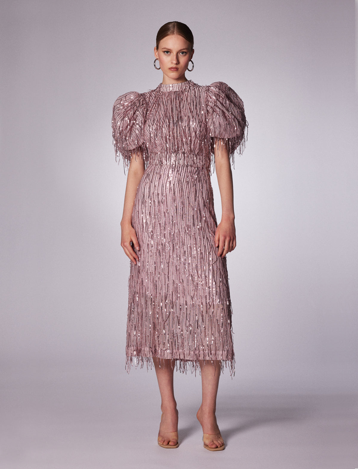 ROTATE ICONS Dawn Sequin Fringed Midi Dress in Blossom