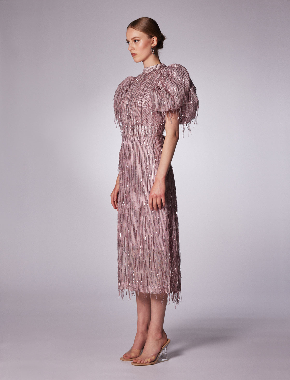 ROTATE ICONS Dawn Sequin Fringed Midi Dress in Blossom