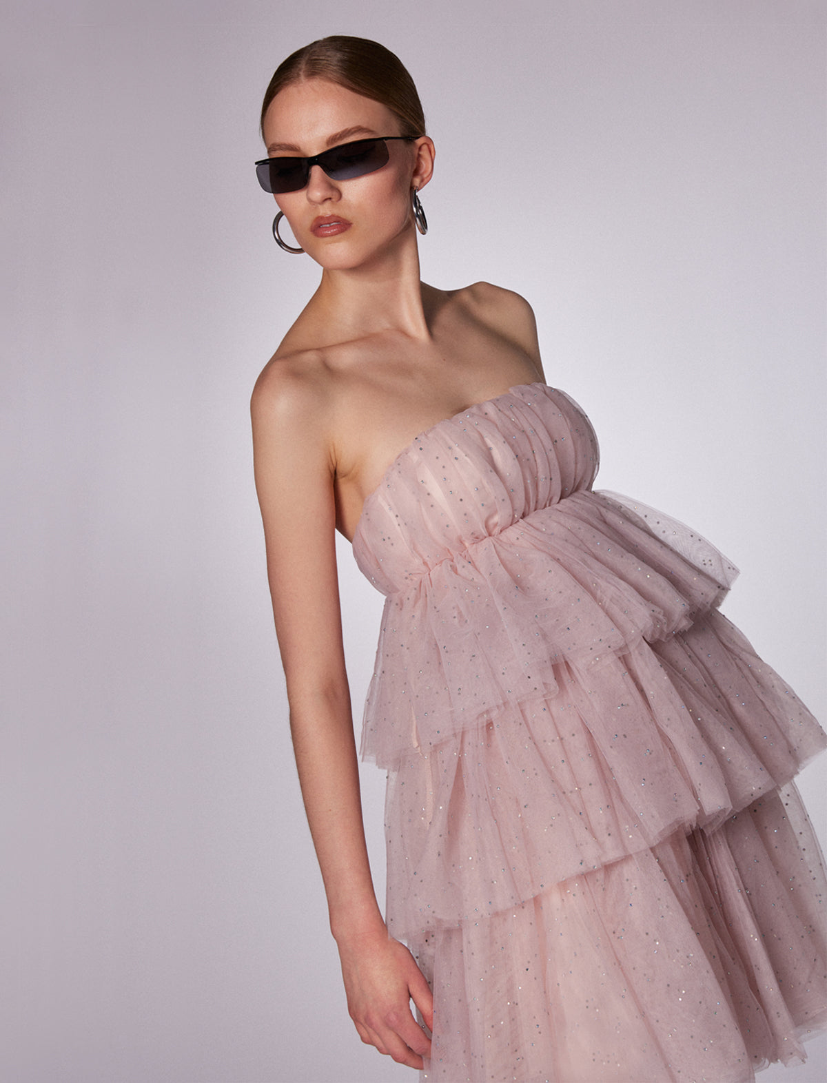 ROTATE ICONS Carlosa Crystal Tulle Ruffle Dress in Delicacy
