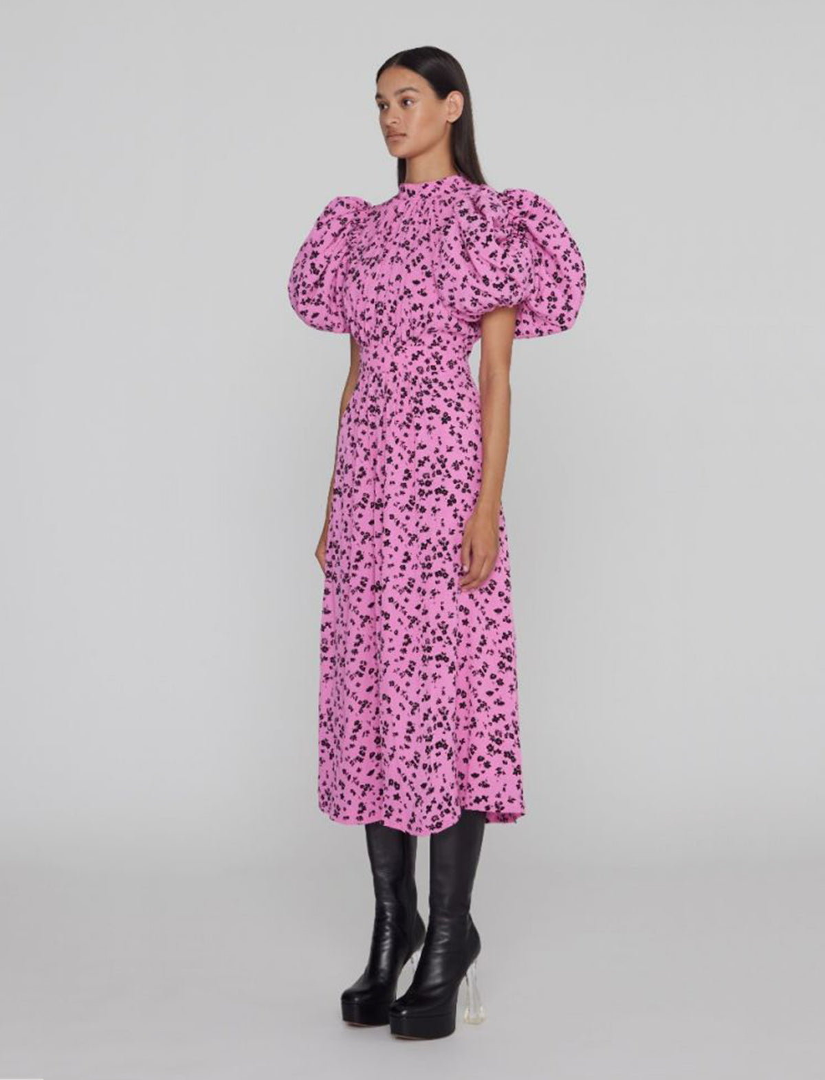 ROTATE Birger Christensen Fine Jacquard Puffy Dress in Super Pink Comb