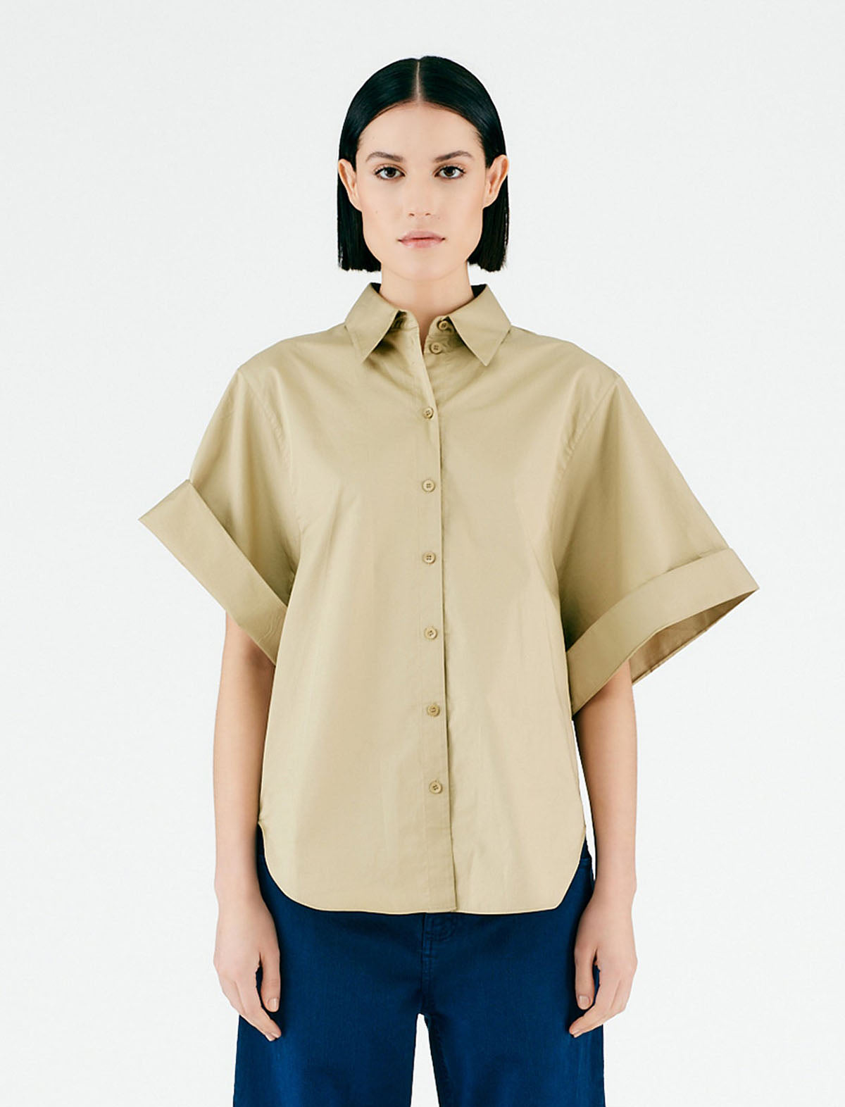 TIBI Eco Poplin Rolled Sleeve Shirt in Clay