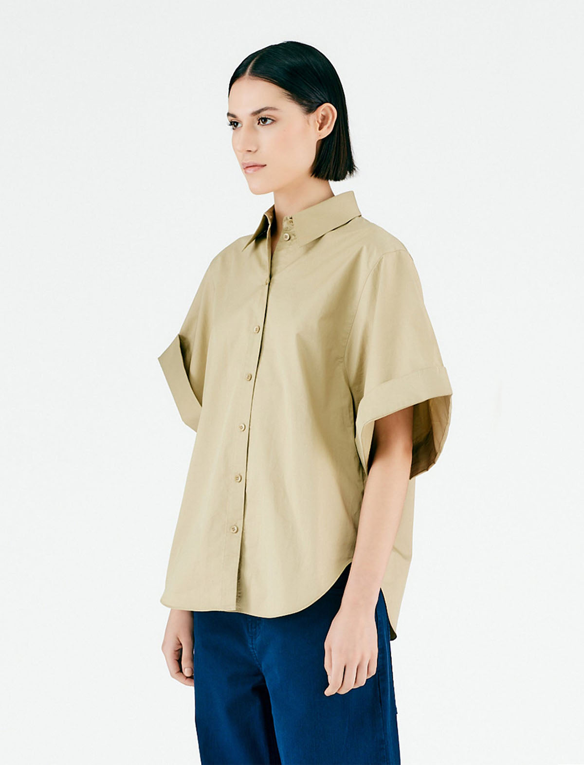 TIBI Eco Poplin Rolled Sleeve Shirt in Clay