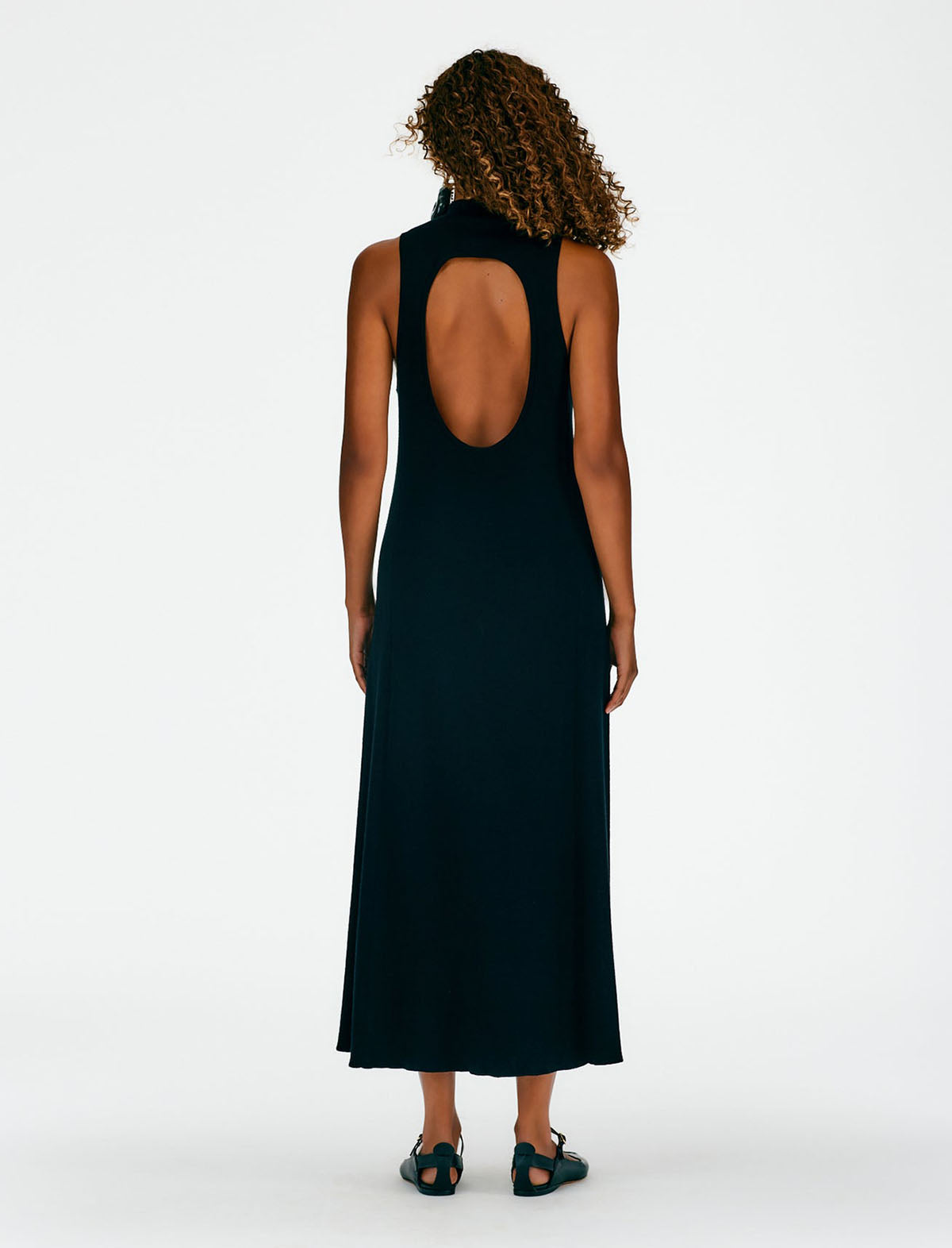 TIBI Organic Cotton Tencel Circle Open-Back Sleeveless Dress in Black
