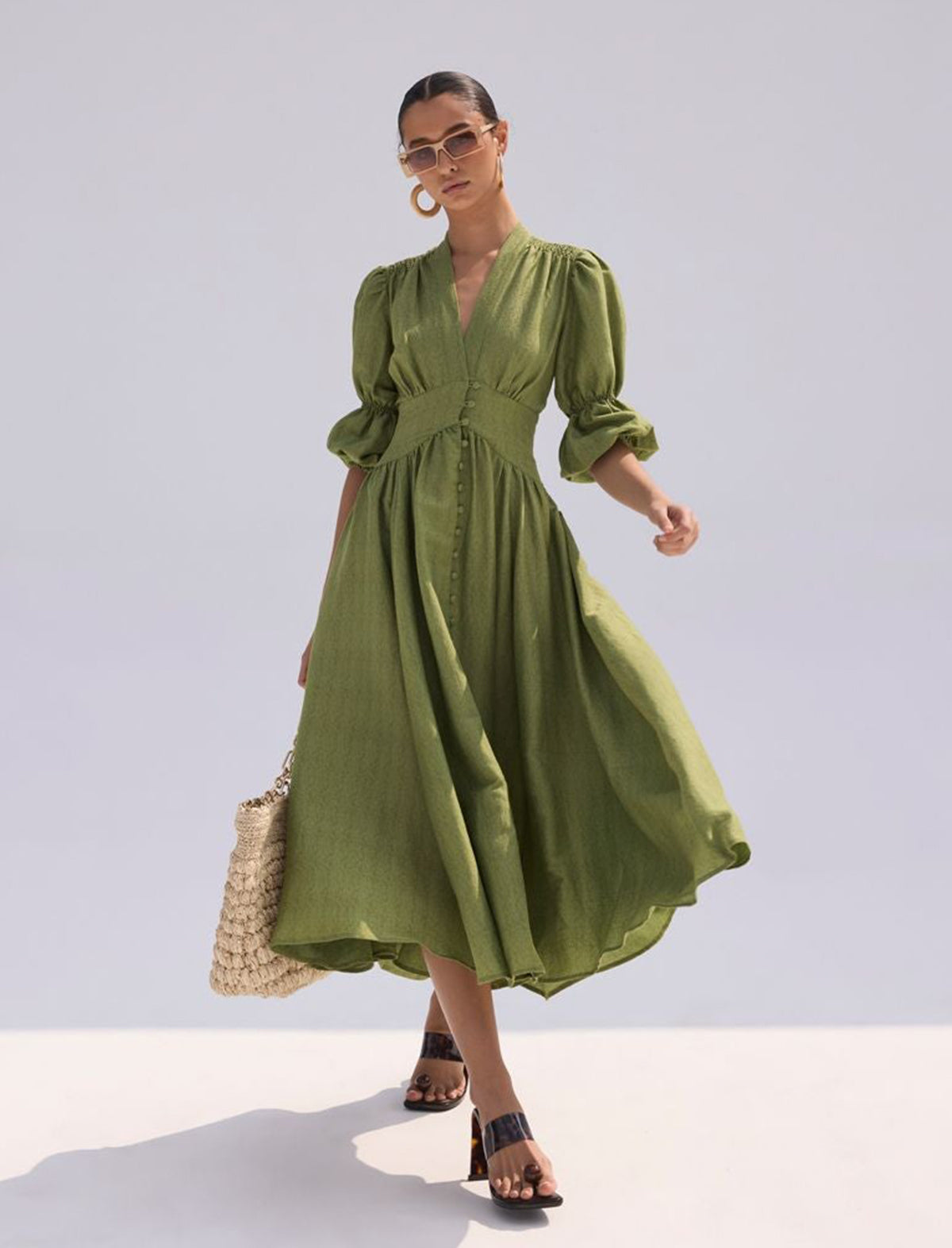 CULT GAIA Willow Linen Dress in Palm