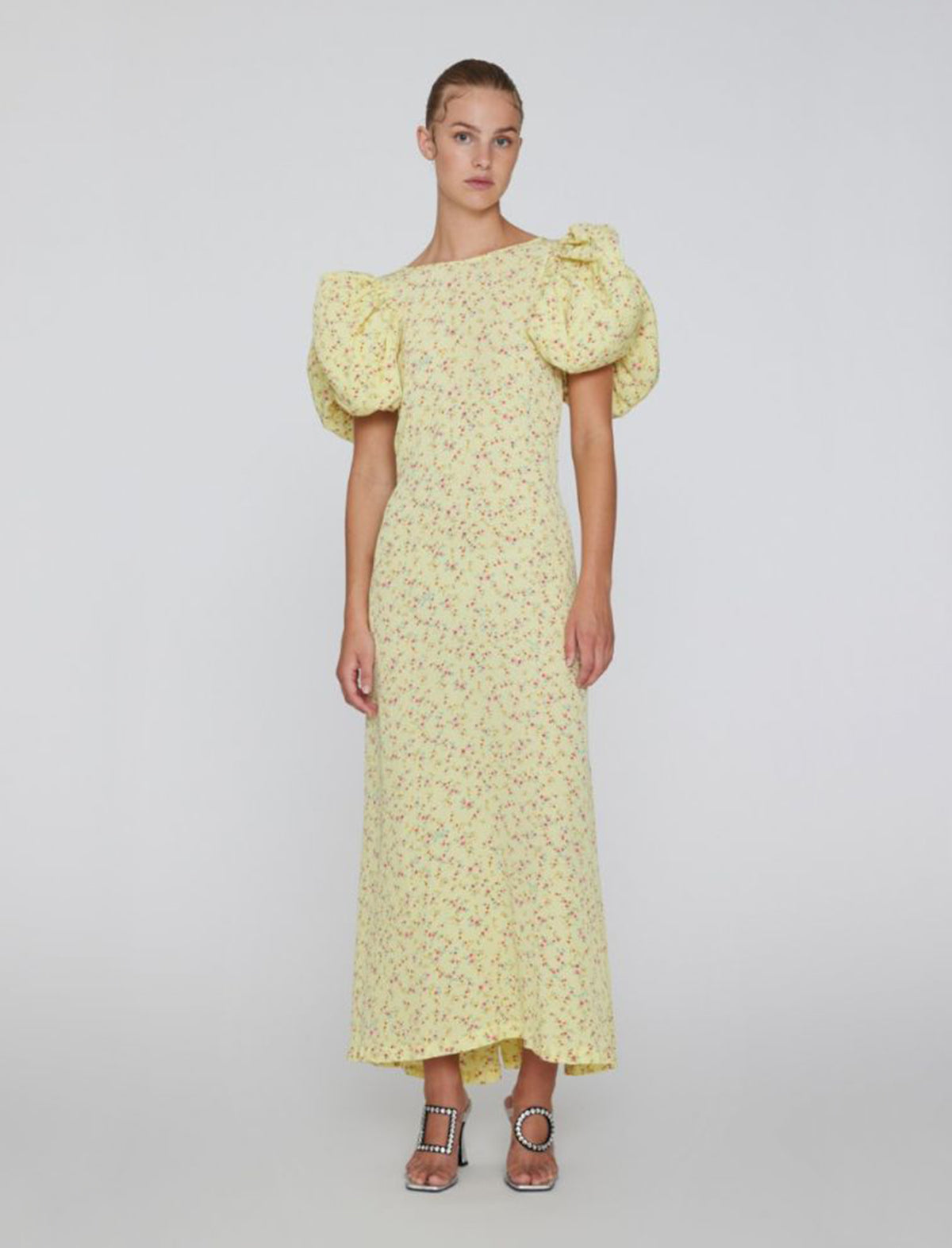ROTATE Birger Christensen Fine Jacquard Maxi Open Back Puffy Sleeved Dress in Yellow Pear Comb