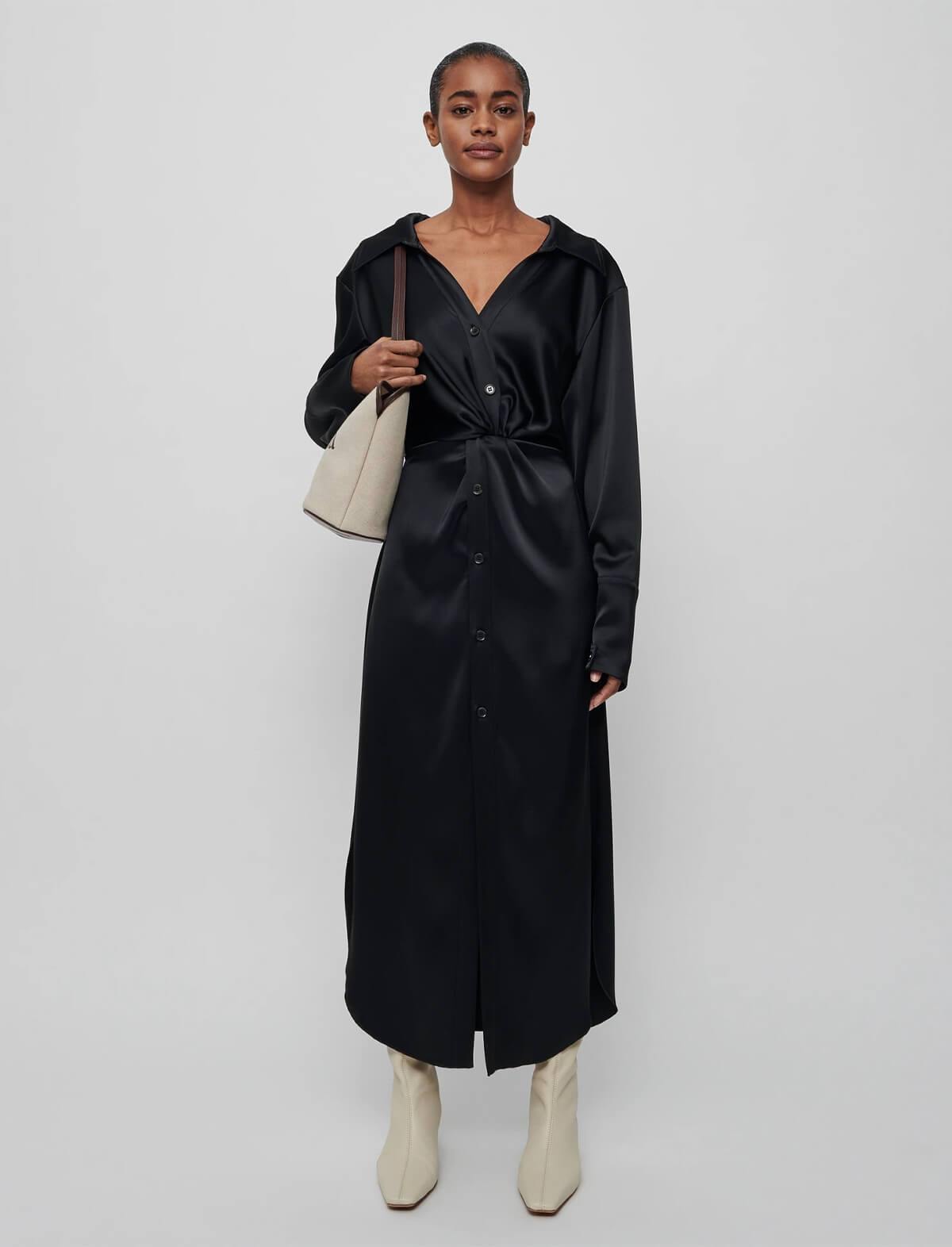 NANUSHKA Ayse Satin Shirt Dress in Black | CLOSET Singapore