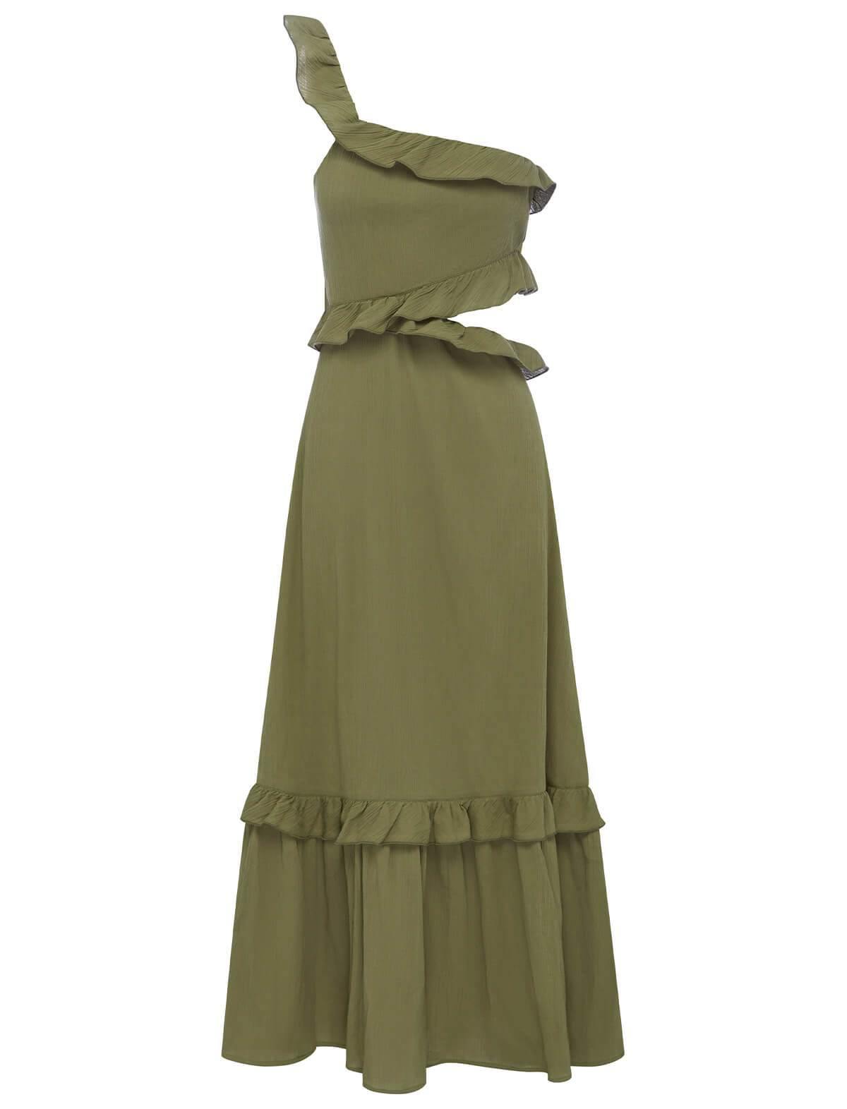 PEONY Organic Cotton One-Shoulder Ruffled Dress in Pear | CLOSET Singapore