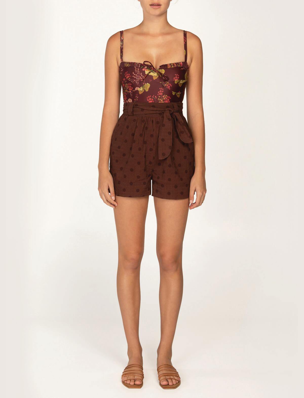 PEONY Organic Cotton-Blend Belted Shorts in Raisin | CLOSET Singapore